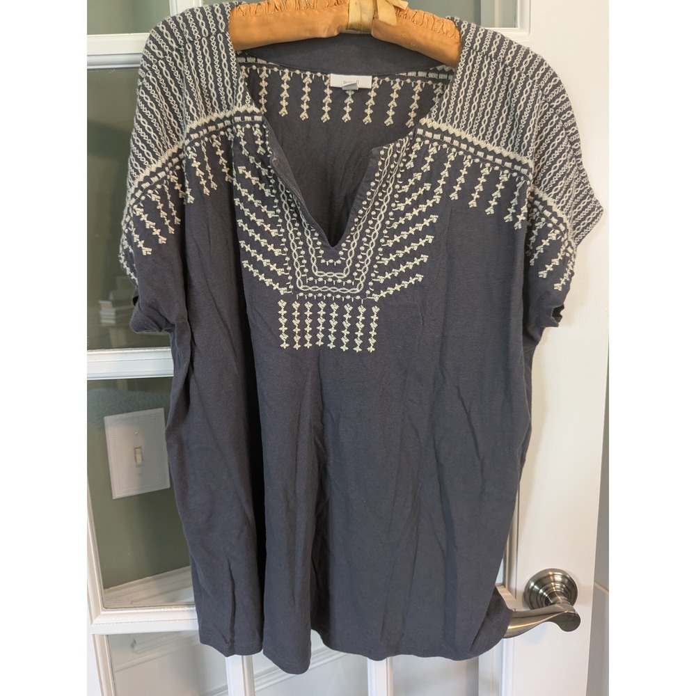 Pure Jill J. Jill Gray Embroidered Cotton Linen Tunic Top XL Short Sleeve Boho